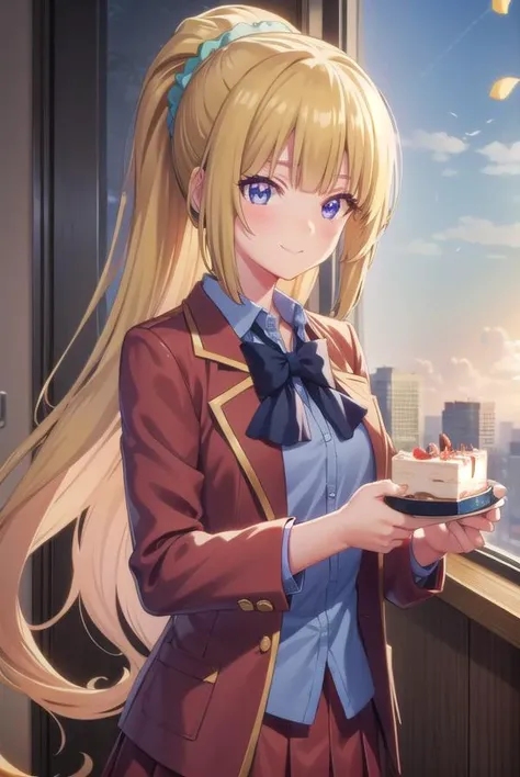 keikaruizawa, <lora:kei karuizawa s2s3-pruned-lora-nochekaiser:1>,
kei karuizawa, long hair, bangs, blunt bangs, (purple eyes:1.1), blonde hair, shirt, hair ornament, ponytail, scrunchie, blue scrunchie, smile,
BREAK skirt, shirt, bow, school uniform, jacket, (red jacket:1.2), pleated skirt, bowtie, sweater, (blue bow:1.2), (blue shirt:1.2),
BREAK indoors, birthday, birthday cake, happy birthday, cake, birthday cake, party hat, confetti, party popper, candle, gift, streamers, food, balloon,
BREAK looking at viewer,
BREAK <lyco:GoodHands-beta2:1>, (masterpiece:1.2), best quality, high resolution, unity 8k wallpaper, (illustration:0.8), (beautiful detailed eyes:1.6), extremely detailed face, perfect lighting, extremely detailed CG, (perfect hands, perfect anatomy),