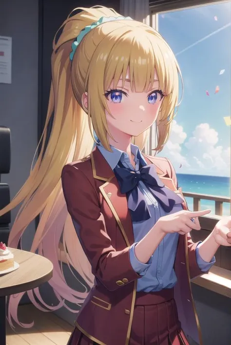 keikaruizawa, <lora:kei karuizawa s2s3-pruned-lora-nochekaiser:1>,
kei karuizawa, long hair, bangs, blunt bangs, (purple eyes:1.1), blonde hair, shirt, hair ornament, ponytail, scrunchie, blue scrunchie, smile,
BREAK skirt, shirt, bow, school uniform, jacket, (red jacket:1.2), pleated skirt, bowtie, sweater, (blue bow:1.2), (blue shirt:1.2),
BREAK indoors, birthday, birthday cake, happy birthday, cake, birthday cake, party hat, confetti, party popper, candle, gift, streamers, food, balloon,
BREAK looking at viewer,
BREAK <lyco:GoodHands-beta2:1>, (masterpiece:1.2), best quality, high resolution, unity 8k wallpaper, (illustration:0.8), (beautiful detailed eyes:1.6), extremely detailed face, perfect lighting, extremely detailed CG, (perfect hands, perfect anatomy),