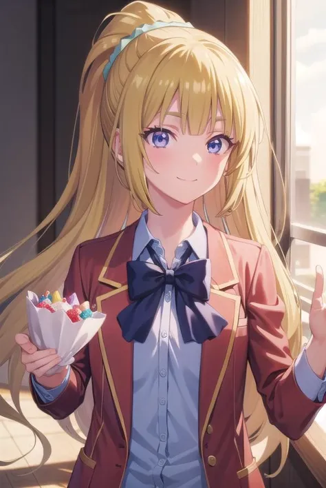 keikaruizawa, <lora:kei karuizawa s2s3-pruned-lora-nochekaiser:1>,
kei karuizawa, long hair, bangs, blunt bangs, (purple eyes:1.1), blonde hair, shirt, hair ornament, ponytail, scrunchie, blue scrunchie, smile,
BREAK skirt, shirt, bow, school uniform, jacket, (red jacket:1.2), pleated skirt, bowtie, sweater, (blue bow:1.2), (blue shirt:1.2),
BREAK indoors, birthday, birthday cake, happy birthday, cake, birthday cake, party hat, confetti, party popper, candle, gift, streamers, food, balloon,
BREAK looking at viewer,
BREAK <lyco:GoodHands-beta2:1>, (masterpiece:1.2), best quality, high resolution, unity 8k wallpaper, (illustration:0.8), (beautiful detailed eyes:1.6), extremely detailed face, perfect lighting, extremely detailed CG, (perfect hands, perfect anatomy),