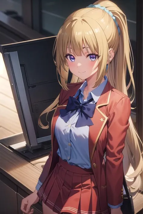 keikaruizawa, <lora:kei karuizawa s2s3-pruned-lora-nochekaiser:1>,
kei karuizawa, long hair, bangs, blunt bangs, (purple eyes:1.1), blonde hair, shirt, hair ornament, ponytail, scrunchie, blue scrunchie, smile,
BREAK skirt, shirt, bow, school uniform, jacket, (red jacket:1.2), pleated skirt, bowtie, sweater, (blue bow:1.2), (blue shirt:1.2),
BREAK indoors, classroom,
BREAK looking at viewer, (cowboy shot:1.5),
BREAK <lyco:GoodHands-beta2:1>, (masterpiece:1.2), best quality, high resolution, unity 8k wallpaper, (illustration:0.8), (beautiful detailed eyes:1.6), extremely detailed face, perfect lighting, extremely detailed CG, (perfect hands, perfect anatomy),