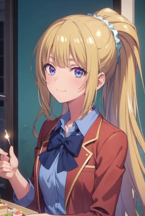 keikaruizawa, <lora:kei karuizawa s2s3-pruned-lora-nochekaiser:1>,
kei karuizawa, long hair, bangs, blunt bangs, (purple eyes:1.1), blonde hair, shirt, hair ornament, ponytail, scrunchie, blue scrunchie, smile,
BREAK skirt, shirt, bow, school uniform, jacket, (red jacket:1.2), pleated skirt, bowtie, sweater, (blue bow:1.2), (blue shirt:1.2),
BREAK indoors, birthday, birthday cake, happy birthday, cake, birthday cake, party hat, confetti, party popper, candle, gift, streamers, food, balloon,
BREAK looking at viewer,
BREAK <lyco:GoodHands-beta2:1>, (masterpiece:1.2), best quality, high resolution, unity 8k wallpaper, (illustration:0.8), (beautiful detailed eyes:1.6), extremely detailed face, perfect lighting, extremely detailed CG, (perfect hands, perfect anatomy),