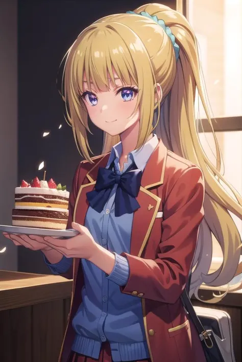keikaruizawa, <lora:kei karuizawa s2s3-pruned-lora-nochekaiser:1>, 
kei karuizawa, long hair, bangs, blunt bangs, (purple eyes:1.1), blonde hair, shirt, hair ornament, ponytail, scrunchie, blue scrunchie, smile,
BREAK skirt, shirt, bow, school uniform, jacket, (red jacket:1.2), pleated skirt, bowtie, sweater, (blue bow:1.2), (blue shirt:1.2),
BREAK indoors, birthday, birthday cake, happy birthday, cake, birthday cake, party hat, confetti, party popper, candle, gift, streamers, food, balloon,
BREAK looking at viewer,
BREAK <lyco:GoodHands-beta2:1>, (masterpiece:1.2), best quality, high resolution, unity 8k wallpaper, (illustration:0.8), (beautiful detailed eyes:1.6), extremely detailed face, perfect lighting, extremely detailed CG, (perfect hands, perfect anatomy),