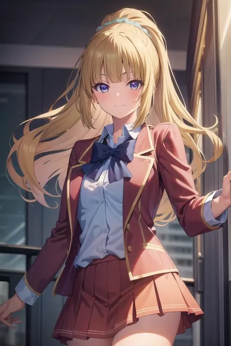 keikaruizawa, <lora:kei karuizawa s2s3-pruned-lora-nochekaiser:1>, 
kei karuizawa, long hair, bangs, blunt bangs, (purple eyes:1.1), blonde hair, shirt, hair ornament, ponytail, scrunchie, blue scrunchie, smile,
BREAK skirt, shirt, bow, school uniform, jacket, (red jacket:1.2), pleated skirt, bowtie, sweater, (blue bow:1.2), (blue shirt:1.2),
BREAK indoors, classroom,
BREAK looking at viewer, (cowboy shot:1.5),
BREAK <lyco:GoodHands-beta2:1>, (masterpiece:1.2), best quality, high resolution, unity 8k wallpaper, (illustration:0.8), (beautiful detailed eyes:1.6), extremely detailed face, perfect lighting, extremely detailed CG, (perfect hands, perfect anatomy),
