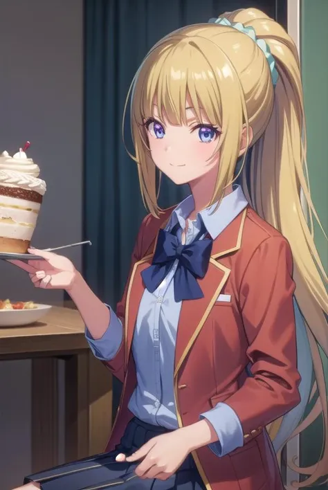 keikaruizawa, <lora:kei karuizawa s2s3-pruned-lora-nochekaiser:1>,
kei karuizawa, long hair, bangs, blunt bangs, (purple eyes:1.1), blonde hair, shirt, hair ornament, ponytail, scrunchie, blue scrunchie, smile,
BREAK skirt, shirt, bow, school uniform, jacket, (red jacket:1.2), pleated skirt, bowtie, sweater, (blue bow:1.2), (blue shirt:1.2),
BREAK indoors, birthday, birthday cake, happy birthday, cake, birthday cake, party hat, confetti, party popper, candle, gift, streamers, food, balloon,
BREAK looking at viewer,
BREAK <lyco:GoodHands-beta2:1>, (masterpiece:1.2), best quality, high resolution, unity 8k wallpaper, (illustration:0.8), (beautiful detailed eyes:1.6), extremely detailed face, perfect lighting, extremely detailed CG, (perfect hands, perfect anatomy),