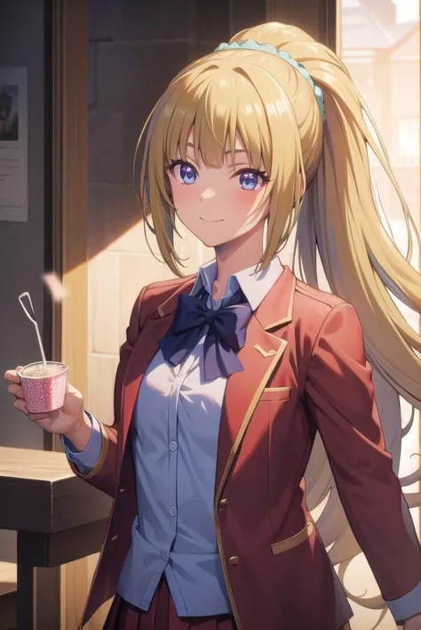 keikaruizawa, <lora:kei karuizawa s2s3-pruned-lora-nochekaiser:1>,
kei karuizawa, long hair, bangs, blunt bangs, (purple eyes:1.1), blonde hair, shirt, hair ornament, ponytail, scrunchie, blue scrunchie, smile,
BREAK skirt, shirt, bow, school uniform, jacket, (red jacket:1.2), pleated skirt, bowtie, sweater, (blue bow:1.2), (blue shirt:1.2),
BREAK indoors, birthday, birthday cake, happy birthday, cake, birthday cake, party hat, confetti, party popper, candle, gift, streamers, food, balloon,
BREAK looking at viewer,
BREAK <lyco:GoodHands-beta2:1>, (masterpiece:1.2), best quality, high resolution, unity 8k wallpaper, (illustration:0.8), (beautiful detailed eyes:1.6), extremely detailed face, perfect lighting, extremely detailed CG, (perfect hands, perfect anatomy),