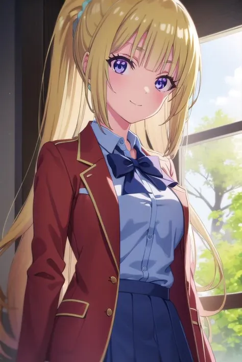 keikaruizawa, <lora:kei karuizawa s2-lora-nochekaiser:1>,
kei karuizawa, long hair, bangs, blunt bangs, (purple eyes:1.1), blonde hair, shirt, hair ornament, ponytail, scrunchie, blue scrunchie, smile,
BREAK skirt, shirt, bow, school uniform, jacket, (red jacket:1.2), pleated skirt, bowtie, sweater, (blue bow:1.2), (blue shirt:1.2),
BREAK indoors, classroom,
BREAK looking at viewer, (cowboy shot:1.5),
BREAK <lyco:GoodHands-beta2:1>, (masterpiece:1.2), best quality, high resolution, unity 8k wallpaper, (illustration:0.8), (beautiful detailed eyes:1.6), extremely detailed face, perfect lighting, extremely detailed CG, (perfect hands, perfect anatomy),