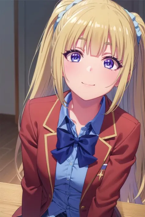 keikaruizawa, <lora:kei karuizawa s2s3-lora-nochekaiser:1>,
kei karuizawa, long hair, bangs, blunt bangs, (purple eyes:1.1), blonde hair, shirt, hair ornament, ponytail, scrunchie, blue scrunchie, smile,
BREAK skirt, shirt, bow, school uniform, jacket, (red jacket:1.2), pleated skirt, bowtie, sweater, (blue bow:1.2), (blue shirt:1.2),
BREAK indoors, classroom,
BREAK looking at viewer, (cowboy shot:1.5),
BREAK <lyco:GoodHands-beta2:1>, (masterpiece:1.2), best quality, high resolution, unity 8k wallpaper, (illustration:0.8), (beautiful detailed eyes:1.6), extremely detailed face, perfect lighting, extremely detailed CG, (perfect hands, perfect anatomy),