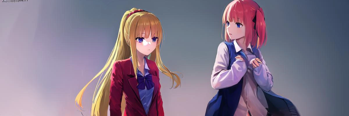 ((ultra-detailed)), ((illustration)), 2girls,
AND <lora:keikaruizawa-lora-nochekaiser:1>, 2girls, kei karuizawa, long hair, bangs, blunt bangs, (purple eyes:1.1), blonde hair, shirt, hair ornament, ponytail, scrunchie, blue scrunchie, (small breast:1.2),
skirt, shirt, bow, school uniform, jacket, (red jacket:1.2), pleated skirt, bowtie, sweater, (blue bow:1.2), (blue shirt:1.2),
AND <lora:ninonakano-lora-nochekaiser:1>, 2girls, nino nakano, short hair, bangs, blue eyes, hair ornament, hair ribbon, pink hair, blunt bangs, two side up, butterfly hair ornament, skirt, shirt, long sleeves, white shirt, pleated skirt, open clothes, collared shirt, sleeves past wrists, dress shirt, cardigan, green skirt, open cardigan, black cardigan,