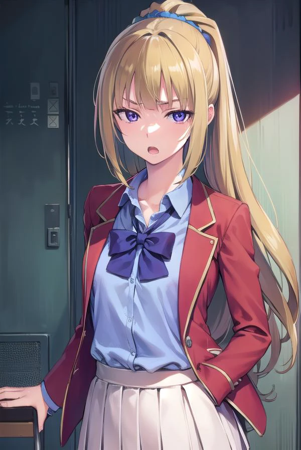keikaruizawa, <lora:keikaruizawa-lora-nochekaiser:1>,
kei karuizawa, long hair, bangs, blunt bangs, (purple eyes:1.1), blonde hair, shirt, hair ornament, ponytail, scrunchie, blue scrunchie, (small breast:1.2), <lora:sensualface_type2:1>, open mouth,
BREAK skirt, shirt, bow, school uniform, jacket, (red jacket:1.2), pleated skirt, bowtie, sweater, (blue bow:1.2), (blue shirt:1.2),
BREAK indoors, classroom,
BREAK looking at viewer, (cowboy shot:1.5),
BREAK <lyco:GoodHands-beta2:1>, (masterpiece:1.2), best quality, high resolution, unity 8k wallpaper, (illustration:0.8), (beautiful detailed eyes:1.6), extremely detailed face, perfect lighting, extremely detailed CG, (perfect hands, perfect anatomy),