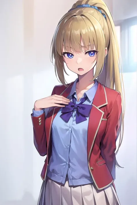 keikaruizawa, <lora:keikaruizawa-lora-nochekaiser:1>,
kei karuizawa, long hair, bangs, blunt bangs, (purple eyes:1.1), blonde hair, shirt, hair ornament, ponytail, scrunchie, blue scrunchie, (small breast:1.2), <lora:sensualface_type2:1>, open mouth,
BREAK skirt, shirt, bow, school uniform, jacket, (red jacket:1.2), pleated skirt, bowtie, sweater, (blue bow:1.2), (blue shirt:1.2),
BREAK indoors, classroom,
BREAK looking at viewer, (cowboy shot:1.5),
BREAK <lyco:GoodHands-beta2:1>, (masterpiece:1.2), best quality, high resolution, unity 8k wallpaper, (illustration:0.8), (beautiful detailed eyes:1.6), extremely detailed face, perfect lighting, extremely detailed CG, (perfect hands, perfect anatomy),