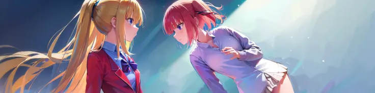 ((ultra-detailed)), ((illustration)), 2girls,
AND <lora:keikaruizawa-lora-nochekaiser:1>, 2girls, kei karuizawa, long hair, bangs, blunt bangs, (purple eyes:1.1), blonde hair, shirt, hair ornament, ponytail, scrunchie, blue scrunchie, (small breast:1.2),
skirt, shirt, bow, school uniform, jacket, (red jacket:1.2), pleated skirt, bowtie, sweater, (blue bow:1.2), (blue shirt:1.2),
AND <lora:ninonakano-lora-nochekaiser:1>, 2girls, nino nakano, short hair, bangs, blue eyes, hair ornament, hair ribbon, pink hair, blunt bangs, two side up, butterfly hair ornament, skirt, shirt, long sleeves, white shirt, pleated skirt, open clothes, collared shirt, sleeves past wrists, dress shirt, cardigan, green skirt, open cardigan, black cardigan,