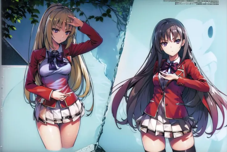 ((ultra-detailed)), ((illustration)), 2girls,
AND <lora:keikaruizawa-lora-nochekaiser:1>, 2girls, kei karuizawa, long hair, bangs, blunt bangs, (purple eyes:1.1), blonde hair, shirt, hair ornament, ponytail, scrunchie, blue scrunchie, (small breast:1.2),
skirt, shirt, bow, school uniform, jacket, (red jacket:1.2), pleated skirt, bowtie, sweater, (blue bow:1.2), (blue shirt:1.2),
AND <lora:suzunehorikita-lora-nochekaiser:1>, 2girls, suzune horikita, black hair, braid, long hair, (purple eyes:1.1), advanced nurturing high school uniform, black thighhighs, blazer, bow, bowtie, buttons, jacket, long sleeves, pleated skirt, school uniform, thighhighs, white skirt, zettai ryouiki, (red blazer:1.5),