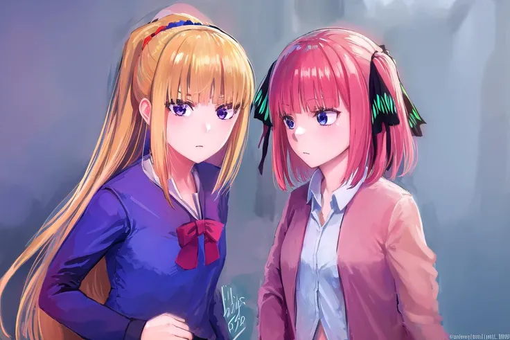 ((ultra-detailed)), ((illustration)), 2girls,
AND <lora:keikaruizawa-lora-nochekaiser:1>, 2girls, kei karuizawa, long hair, bangs, blunt bangs, (purple eyes:1.1), blonde hair, shirt, hair ornament, ponytail, scrunchie, blue scrunchie, (small breast:1.2),
skirt, shirt, bow, school uniform, jacket, (red jacket:1.2), pleated skirt, bowtie, sweater, (blue bow:1.2), (blue shirt:1.2),
AND <lora:ninonakano-lora-nochekaiser:1>, 2girls, nino nakano, short hair, bangs, blue eyes, hair ornament, hair ribbon, pink hair, blunt bangs, two side up, butterfly hair ornament, skirt, shirt, long sleeves, white shirt, pleated skirt, open clothes, collared shirt, sleeves past wrists, dress shirt, cardigan, green skirt, open cardigan, black cardigan,