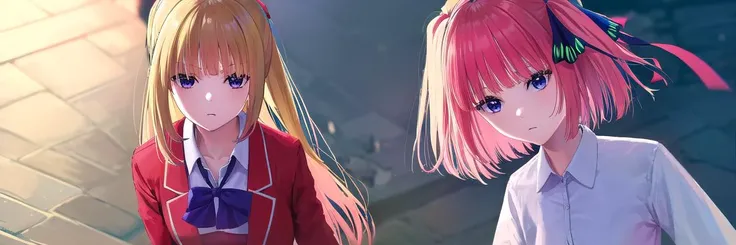 ((ultra-detailed)), ((illustration)), 2girls,
AND <lora:keikaruizawa-lora-nochekaiser:1>, 2girls, kei karuizawa, long hair, bangs, blunt bangs, (purple eyes:1.1), blonde hair, shirt, hair ornament, ponytail, scrunchie, blue scrunchie, (small breast:1.2),
skirt, shirt, bow, school uniform, jacket, (red jacket:1.2), pleated skirt, bowtie, sweater, (blue bow:1.2), (blue shirt:1.2),
AND <lora:ninonakano-lora-nochekaiser:1>, 2girls, nino nakano, short hair, bangs, blue eyes, hair ornament, hair ribbon, pink hair, blunt bangs, two side up, butterfly hair ornament, skirt, shirt, long sleeves, white shirt, pleated skirt, open clothes, collared shirt, sleeves past wrists, dress shirt, cardigan, green skirt, open cardigan, black cardigan,