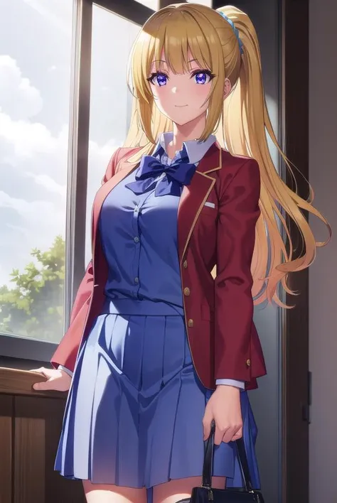 keikaruizawa, <lora:kei karuizawa s2s3-lora-nochekaiser:1>,
kei karuizawa, long hair, bangs, blunt bangs, (purple eyes:1.1), blonde hair, shirt, hair ornament, ponytail, scrunchie, blue scrunchie, smile,
BREAK skirt, shirt, bow, school uniform, jacket, (red jacket:1.2), pleated skirt, bowtie, sweater, (blue bow:1.2), (blue shirt:1.2),
BREAK indoors, classroom,
BREAK looking at viewer, (cowboy shot:1.5),
BREAK <lyco:GoodHands-beta2:1>, (masterpiece:1.2), best quality, high resolution, unity 8k wallpaper, (illustration:0.8), (beautiful detailed eyes:1.6), extremely detailed face, perfect lighting, extremely detailed CG, (perfect hands, perfect anatomy),