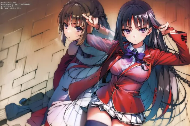 ((ultra-detailed)), ((illustration)), 2girls,
AND <lora:keikaruizawa-lora-nochekaiser:1>, 2girls, kei karuizawa, long hair, bangs, blunt bangs, (purple eyes:1.1), blonde hair, shirt, hair ornament, ponytail, scrunchie, blue scrunchie, (small breast:1.2),
skirt, shirt, bow, school uniform, jacket, (red jacket:1.2), pleated skirt, bowtie, sweater, (blue bow:1.2), (blue shirt:1.2),
AND <lora:suzunehorikita-lora-nochekaiser:1>, 2girls, suzune horikita, black hair, braid, long hair, (purple eyes:1.1), advanced nurturing high school uniform, black thighhighs, blazer, bow, bowtie, buttons, jacket, long sleeves, pleated skirt, school uniform, thighhighs, white skirt, zettai ryouiki, (red blazer:1.5),