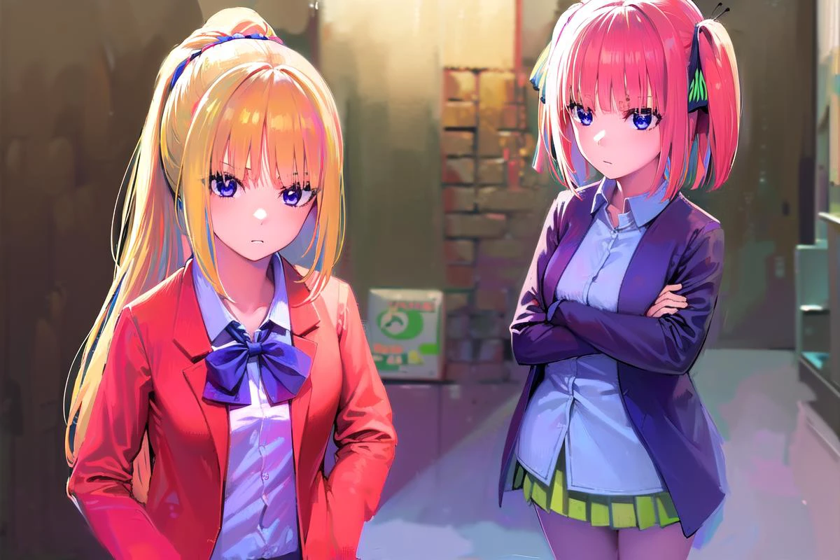 (masterpiece:1.2), best quality, high resolution, unity 8k wallpaper, (illustration:0.8), (beautiful detailed eyes:1.6), extremely detailed face, perfect lighting, extremely detailed CG, (perfect hands, perfect anatomy),
((ultra-detailed)), ((illustration)), 2girls,
AND <lora:keikaruizawa-lora-nochekaiser:1>, 2girls, kei karuizawa, long hair, bangs, blunt bangs, (purple eyes:1.1), blonde hair, shirt, hair ornament, ponytail, scrunchie, blue scrunchie, (small breast:1.2),
skirt, shirt, bow, school uniform, jacket, (red jacket:1.2), pleated skirt, bowtie, sweater, (blue bow:1.2), (blue shirt:1.2),
AND <lora:ninonakano-lora-nochekaiser:1>, 2girls, nino nakano, short hair, bangs, blue eyes, hair ornament, hair ribbon, pink hair, blunt bangs, two side up, butterfly hair ornament, skirt, shirt, long sleeves, white shirt, pleated skirt, open clothes, collared shirt, sleeves past wrists, dress shirt, cardigan, green skirt, open cardigan, black cardigan,