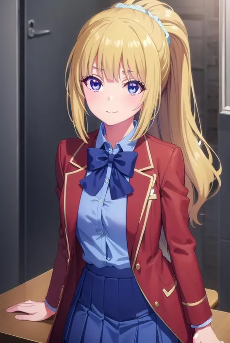 keikaruizawa, <lora:kei karuizawa s2s3-lora-nochekaiser:1>,
kei karuizawa, long hair, bangs, blunt bangs, (purple eyes:1.1), blonde hair, shirt, hair ornament, ponytail, scrunchie, blue scrunchie, smile,
BREAK skirt, shirt, bow, school uniform, jacket, (red jacket:1.2), pleated skirt, bowtie, sweater, (blue bow:1.2), (blue shirt:1.2),
BREAK indoors, classroom,
BREAK looking at viewer, (cowboy shot:1.5),
BREAK <lyco:GoodHands-beta2:1>, (masterpiece:1.2), best quality, high resolution, unity 8k wallpaper, (illustration:0.8), (beautiful detailed eyes:1.6), extremely detailed face, perfect lighting, extremely detailed CG, (perfect hands, perfect anatomy),
