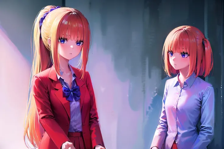 (masterpiece:1.2), best quality, high resolution, unity 8k wallpaper, (illustration:0.8), (beautiful detailed eyes:1.6), extremely detailed face, perfect lighting, extremely detailed CG, (perfect hands, perfect anatomy),
((ultra-detailed)), ((illustration)), 2girls,
AND <lora:keikaruizawa-lora-nochekaiser:1>, 2girls, kei karuizawa, long hair, bangs, blunt bangs, (purple eyes:1.1), blonde hair, shirt, hair ornament, ponytail, scrunchie, blue scrunchie, (small breast:1.2),
skirt, shirt, bow, school uniform, jacket, (red jacket:1.2), pleated skirt, bowtie, sweater, (blue bow:1.2), (blue shirt:1.2),
AND <lora:ninonakano-lora-nochekaiser:1>, 2girls, nino nakano, short hair, bangs, blue eyes, hair ornament, hair ribbon, pink hair, blunt bangs, two side up, butterfly hair ornament, skirt, shirt, long sleeves, white shirt, pleated skirt, open clothes, collared shirt, sleeves past wrists, dress shirt, cardigan, green skirt, open cardigan, black cardigan,