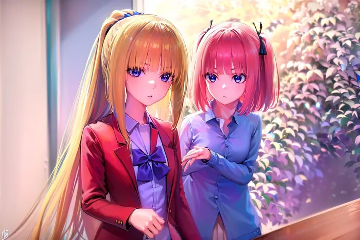 (masterpiece:1.2), best quality, high resolution, unity 8k wallpaper, (illustration:0.8), (beautiful detailed eyes:1.6), extremely detailed face, perfect lighting, extremely detailed CG, (perfect hands, perfect anatomy),
((ultra-detailed)), ((illustration)), 2girls,
AND <lora:keikaruizawa-lora-nochekaiser:1>, 2girls, kei karuizawa, long hair, bangs, blunt bangs, (purple eyes:1.1), blonde hair, shirt, hair ornament, ponytail, scrunchie, blue scrunchie, (small breast:1.2),
skirt, shirt, bow, school uniform, jacket, (red jacket:1.2), pleated skirt, bowtie, sweater, (blue bow:1.2), (blue shirt:1.2),
AND <lora:ninonakano-lora-nochekaiser:1>, 2girls, nino nakano, short hair, bangs, blue eyes, hair ornament, hair ribbon, pink hair, blunt bangs, two side up, butterfly hair ornament, skirt, shirt, long sleeves, white shirt, pleated skirt, open clothes, collared shirt, sleeves past wrists, dress shirt, cardigan, green skirt, open cardigan, black cardigan,