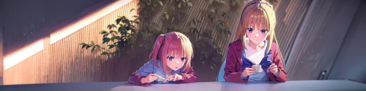 ((ultra-detailed)), ((illustration)), 2girls,
AND <lora:ninonakano-lora-nochekaiser:1>, 2girls, nino nakano, short hair, bangs, blue eyes, hair ornament, hair ribbon, pink hair, blunt bangs, two side up, butterfly hair ornament, skirt, shirt, long sleeves, white shirt, pleated skirt, open clothes, collared shirt, sleeves past wrists, dress shirt, cardigan, green skirt, open cardigan, black cardigan,
AND <lora:keikaruizawa-lora-nochekaiser:1>, 2girls, kei karuizawa, long hair, bangs, blunt bangs, (purple eyes:1.1), blonde hair, shirt, hair ornament, ponytail, scrunchie, blue scrunchie, (small breast:1.2),
skirt, shirt, bow, school uniform, jacket, (red jacket:1.2), pleated skirt, bowtie, sweater, (blue bow:1.2), (blue shirt:1.2),
indoors, classroom,