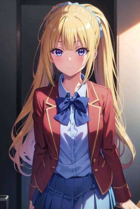 keikaruizawa, <lora:kei karuizawa s2s3-lora-nochekaiser:1>,
kei karuizawa, long hair, bangs, blunt bangs, (purple eyes:1.1), blonde hair, shirt, hair ornament, ponytail, scrunchie, blue scrunchie, smile,
BREAK skirt, shirt, bow, school uniform, jacket, (red jacket:1.2), pleated skirt, bowtie, sweater, (blue bow:1.2), (blue shirt:1.2),
BREAK indoors, classroom,
BREAK looking at viewer, (cowboy shot:1.5),
BREAK <lyco:GoodHands-beta2:1>, (masterpiece:1.2), best quality, high resolution, unity 8k wallpaper, (illustration:0.8), (beautiful detailed eyes:1.6), extremely detailed face, perfect lighting, extremely detailed CG, (perfect hands, perfect anatomy),
