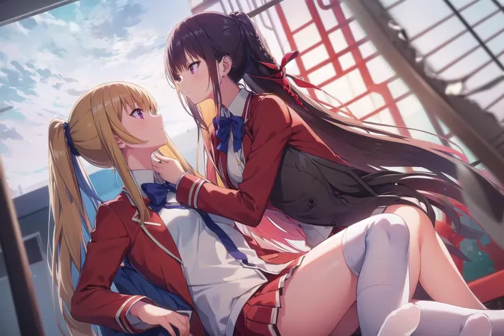 ((ultra-detailed)), ((illustration)), 2girls,
AND <lora:keikaruizawatest:1>, 2girls, kei karuizawa, long hair, bangs, blunt bangs, (purple eyes:1.1), blonde hair, shirt, hair ornament, ponytail, scrunchie, blue scrunchie, (small breast:1.2), skirt, shirt, bow, school uniform, jacket, (red jacket:1.2), pleated skirt, bowtie, sweater, (blue bow:1.2), (blue shirt:1.2),
AND <lora:suzune horikita s2-lora-nochekaiser:0.7>, 2girls, suzune horikita, long hair, black hair, (red eyes:1.3), hair ribbon, braid, bow, school uniform, jacket, bowtie, blue bowtie, blazer, (red blazer:1.5), skirt, white skirt,