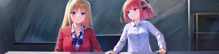 ((ultra-detailed)), ((illustration)), 2girls,
AND <lora:keikaruizawa-lora-nochekaiser:1>, 2girls, kei karuizawa, long hair, bangs, blunt bangs, (purple eyes:1.1), blonde hair, shirt, hair ornament, ponytail, scrunchie, blue scrunchie, (small breast:1.2),
skirt, shirt, bow, school uniform, jacket, (red jacket:1.2), pleated skirt, bowtie, sweater, (blue bow:1.2), (blue shirt:1.2),
AND <lora:ninonakano-lora-nochekaiser:1>, 2girls, nino nakano, short hair, bangs, blue eyes, hair ornament, hair ribbon, pink hair, blunt bangs, two side up, butterfly hair ornament, skirt, shirt, long sleeves, white shirt, pleated skirt, open clothes, collared shirt, sleeves past wrists, dress shirt, cardigan, green skirt, open cardigan, black cardigan,