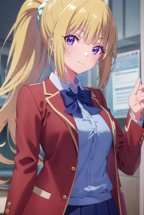 keikaruizawa, <lora:kei karuizawa s2-lora-nochekaiser:1>,
kei karuizawa, long hair, bangs, blunt bangs, (purple eyes:1.1), blonde hair, shirt, hair ornament, ponytail, scrunchie, blue scrunchie, smile,
BREAK skirt, shirt, bow, school uniform, jacket, (red jacket:1.2), pleated skirt, bowtie, sweater, (blue bow:1.2), (blue shirt:1.2),
BREAK indoors, classroom,
BREAK looking at viewer, (cowboy shot:1.5),
BREAK <lyco:GoodHands-beta2:1>, (masterpiece:1.2), best quality, high resolution, unity 8k wallpaper, (illustration:0.8), (beautiful detailed eyes:1.6), extremely detailed face, perfect lighting, extremely detailed CG, (perfect hands, perfect anatomy),
