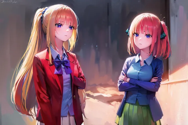 (masterpiece:1.2), best quality, high resolution, unity 8k wallpaper, (illustration:0.8), (beautiful detailed eyes:1.6), extremely detailed face, perfect lighting, extremely detailed CG, (perfect hands, perfect anatomy),
((ultra-detailed)), ((illustration)), 2girls,
AND <lora:keikaruizawa-lora-nochekaiser:1>, 2girls, kei karuizawa, long hair, bangs, blunt bangs, (purple eyes:1.1), blonde hair, shirt, hair ornament, ponytail, scrunchie, blue scrunchie, (small breast:1.2),
skirt, shirt, bow, school uniform, jacket, (red jacket:1.2), pleated skirt, bowtie, sweater, (blue bow:1.2), (blue shirt:1.2),
AND <lora:ninonakano-lora-nochekaiser:1>, 2girls, nino nakano, short hair, bangs, blue eyes, hair ornament, hair ribbon, pink hair, blunt bangs, two side up, butterfly hair ornament, skirt, shirt, long sleeves, white shirt, pleated skirt, open clothes, collared shirt, sleeves past wrists, dress shirt, cardigan, green skirt, open cardigan, black cardigan,