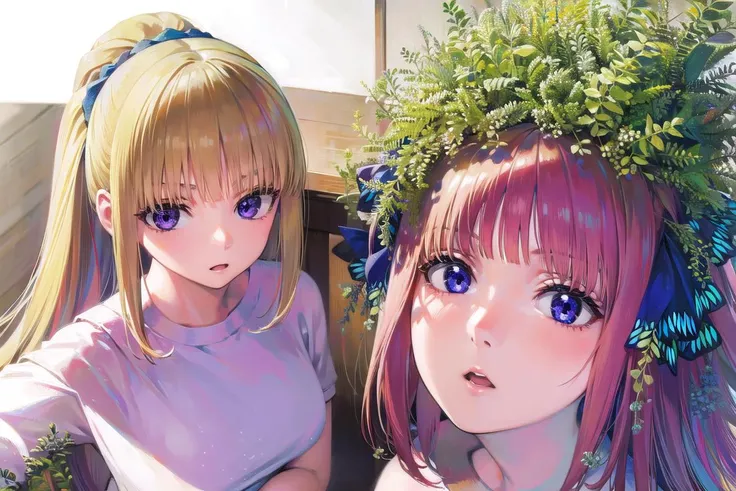 ((ultra-detailed)), ((illustration)), 2girls,
AND <lora:keikaruizawa-lora-nochekaiser:1>, 2girls, kei karuizawa, long hair, bangs, blunt bangs, (purple eyes:1.1), blonde hair, shirt, hair ornament, ponytail, scrunchie, blue scrunchie, (small breast:1.2),
AND <lora:ninonakano-lora-nochekaiser:1>, 2girls, nino nakano, short hair, bangs, blue eyes, hair ornament, hair ribbon, pink hair, blunt bangs, two side up, butterfly hair ornament
