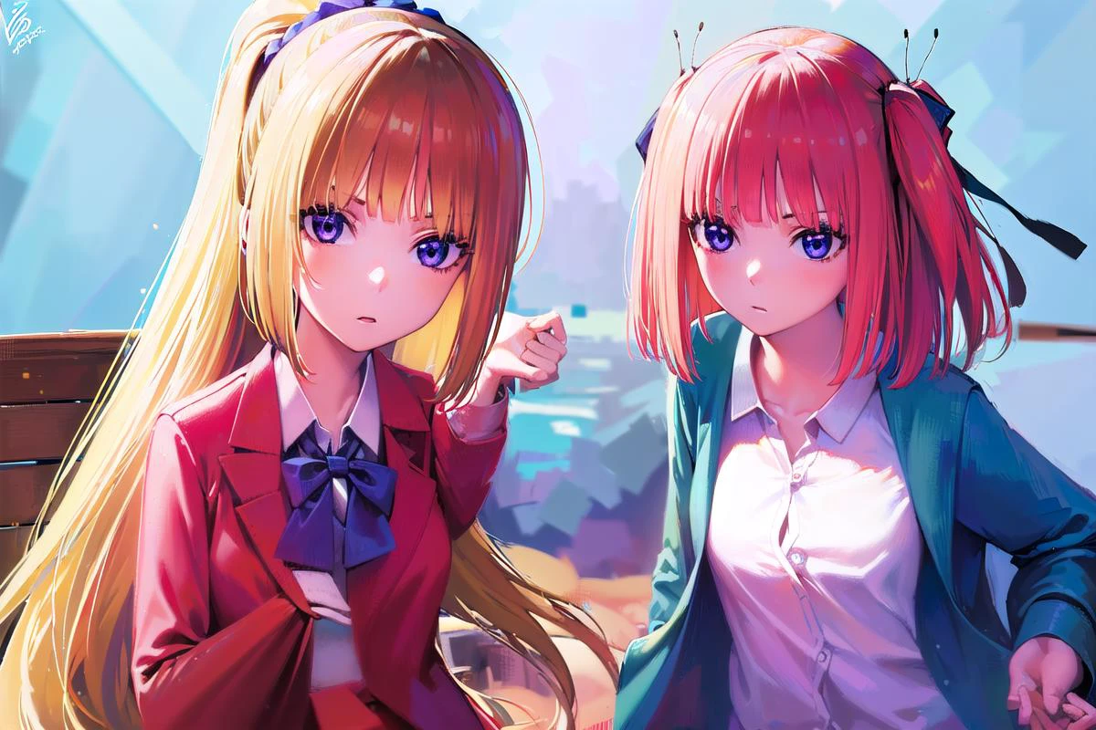 (masterpiece:1.2), best quality, high resolution, unity 8k wallpaper, (illustration:0.8), (beautiful detailed eyes:1.6), extremely detailed face, perfect lighting, extremely detailed CG, (perfect hands, perfect anatomy),
((ultra-detailed)), ((illustration)), 2girls,
AND <lora:keikaruizawa-lora-nochekaiser:1>, 2girls, kei karuizawa, long hair, bangs, blunt bangs, (purple eyes:1.1), blonde hair, shirt, hair ornament, ponytail, scrunchie, blue scrunchie, (small breast:1.2),
skirt, shirt, bow, school uniform, jacket, (red jacket:1.2), pleated skirt, bowtie, sweater, (blue bow:1.2), (blue shirt:1.2),
AND <lora:ninonakano-lora-nochekaiser:1>, 2girls, nino nakano, short hair, bangs, blue eyes, hair ornament, hair ribbon, pink hair, blunt bangs, two side up, butterfly hair ornament, skirt, shirt, long sleeves, white shirt, pleated skirt, open clothes, collared shirt, sleeves past wrists, dress shirt, cardigan, green skirt, open cardigan, black cardigan,