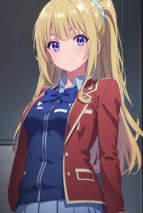 keikaruizawa, <lora:kei karuizawa s2-lora-nochekaiser:1>, 
kei karuizawa, long hair, bangs, blunt bangs, (purple eyes:1.1), blonde hair, shirt, hair ornament, ponytail, scrunchie, blue scrunchie, smile,
BREAK skirt, shirt, bow, school uniform, jacket, (red jacket:1.2), pleated skirt, bowtie, sweater, (blue bow:1.2), (blue shirt:1.2),
BREAK indoors, classroom,
BREAK looking at viewer, (cowboy shot:1.5),
BREAK <lyco:GoodHands-beta2:1>, (masterpiece:1.2), best quality, high resolution, unity 8k wallpaper, (illustration:0.8), (beautiful detailed eyes:1.6), extremely detailed face, perfect lighting, extremely detailed CG, (perfect hands, perfect anatomy),