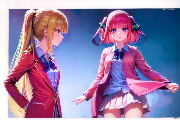 (masterpiece:1.2), best quality, high resolution, unity 8k wallpaper, (illustration:0.8), (beautiful detailed eyes:1.6), extremely detailed face, perfect lighting, extremely detailed CG, (perfect hands, perfect anatomy),
((ultra-detailed)), ((illustration)), 2girls,
AND <lora:keikaruizawa-lora-nochekaiser:1>, 2girls, kei karuizawa, long hair, bangs, blunt bangs, (purple eyes:1.1), blonde hair, shirt, hair ornament, ponytail, scrunchie, blue scrunchie, (small breast:1.2),
skirt, shirt, bow, school uniform, jacket, (red jacket:1.2), pleated skirt, bowtie, sweater, (blue bow:1.2), (blue shirt:1.2),
AND <lora:ninonakano-lora-nochekaiser:1>, 2girls, nino nakano, short hair, bangs, blue eyes, hair ornament, hair ribbon, pink hair, blunt bangs, two side up, butterfly hair ornament, skirt, shirt, long sleeves, white shirt, pleated skirt, open clothes, collared shirt, sleeves past wrists, dress shirt, cardigan, green skirt, open cardigan, black cardigan,