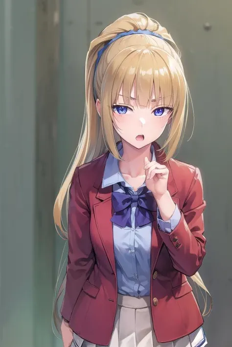 keikaruizawa, <lora:keikaruizawa-lora-nochekaiser:1>, 
kei karuizawa, long hair, bangs, blunt bangs, (purple eyes:1.1), blonde hair, shirt, hair ornament, ponytail, scrunchie, blue scrunchie, (small breast:1.2), <lora:sensualface_type2:1>, open mouth,
BREAK skirt, shirt, bow, school uniform, jacket, (red jacket:1.2), pleated skirt, bowtie, sweater, (blue bow:1.2), (blue shirt:1.2),
BREAK indoors, classroom,
BREAK looking at viewer, (cowboy shot:1.5),
BREAK <lyco:GoodHands-beta2:1>, (masterpiece:1.2), best quality, high resolution, unity 8k wallpaper, (illustration:0.8), (beautiful detailed eyes:1.6), extremely detailed face, perfect lighting, extremely detailed CG, (perfect hands, perfect anatomy),