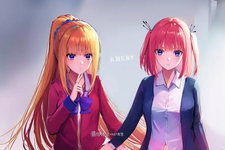 ((ultra-detailed)), ((illustration)), 2girls,
AND <lora:keikaruizawa-lora-nochekaiser:1>, 2girls, kei karuizawa, long hair, bangs, blunt bangs, (purple eyes:1.1), blonde hair, shirt, hair ornament, ponytail, scrunchie, blue scrunchie, (small breast:1.2),
skirt, shirt, bow, school uniform, jacket, (red jacket:1.2), pleated skirt, bowtie, sweater, (blue bow:1.2), (blue shirt:1.2),
AND <lora:ninonakano-lora-nochekaiser:1>, 2girls, nino nakano, short hair, bangs, blue eyes, hair ornament, hair ribbon, pink hair, blunt bangs, two side up, butterfly hair ornament, skirt, shirt, long sleeves, white shirt, pleated skirt, open clothes, collared shirt, sleeves past wrists, dress shirt, cardigan, green skirt, open cardigan, black cardigan,