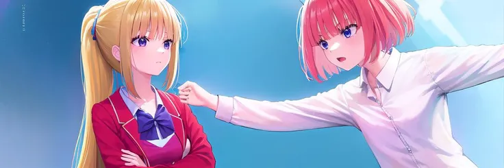 ((ultra-detailed)), ((illustration)), 2girls,
AND <lora:keikaruizawa-lora-nochekaiser:1>, 2girls, kei karuizawa, long hair, bangs, blunt bangs, (purple eyes:1.1), blonde hair, shirt, hair ornament, ponytail, scrunchie, blue scrunchie, (small breast:1.2),
skirt, shirt, bow, school uniform, jacket, (red jacket:1.2), pleated skirt, bowtie, sweater, (blue bow:1.2), (blue shirt:1.2),
AND <lora:ninonakano-lora-nochekaiser:1>, 2girls, nino nakano, short hair, bangs, blue eyes, hair ornament, hair ribbon, pink hair, blunt bangs, two side up, butterfly hair ornament, skirt, shirt, long sleeves, white shirt, pleated skirt, open clothes, collared shirt, sleeves past wrists, dress shirt, cardigan, green skirt, open cardigan, black cardigan,