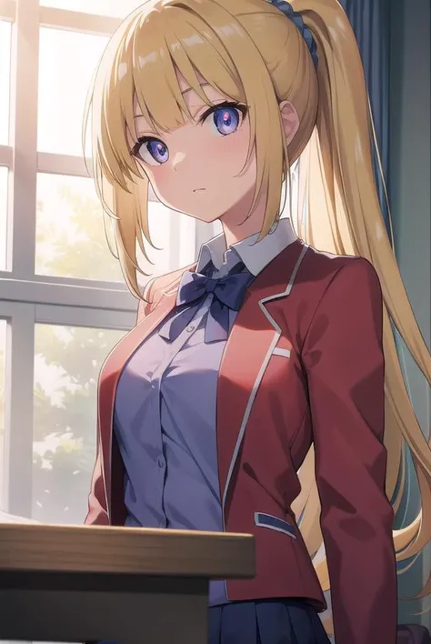 keikaruizawa, <lora:keikaruizawatest:1>, kei karuizawa, long hair, bangs, blunt bangs, (purple eyes:1.1), blonde hair, shirt, hair ornament, ponytail, scrunchie, blue scrunchie, 
BREAK skirt, shirt, bow, school uniform, jacket, (red jacket:1.2), pleated skirt, bowtie, sweater, (blue bow:1.2), (blue shirt:1.2),
BREAK indoors, classroom,
BREAK looking at viewer, BREAK <lora:GoodHands-vanilla:1>, (masterpiece:1.2), best quality, high resolution, unity 8k wallpaper, (illustration:0.8), (beautiful detailed eyes:1.6), extremely detailed face, perfect lighting, extremely detailed CG, (perfect hands, perfect anatomy),