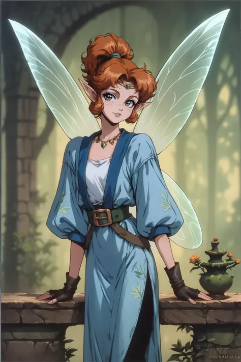 score_9, score_8_up, score_7_up, score_6_up, score_5_up, score_4_up, official art, 1990s \(style\), vintage, <lora:OldAnimeStyle_XL_v3:.6>, 1girl, tiny fairy girl, (fairy wings spread out:1.3), ginger hair, age 20, short hair, ponytail, (curly hair:.6), amber eyes, body shot, (freckles:1.2), (blue kimono with floral print:1.3), silver undershirt, fantasy art, sunrise, stone town, silver circlet, opal necklace, pointy ears, head tilt, curious expression, looking at viewer,  <lora:Smooth Anime 2 Style SDXL_LoRA_Pony Diffusion V6 XL:.9>, raised eyebrows, depth of field, ant's view perspective, 3 feet tall, holding a spear out of frame, scabbard, ring, leather belt, magical brown fingerless gloves, black bracers, black legwear, medium breast, gentle smile, (pale lips:1.1),