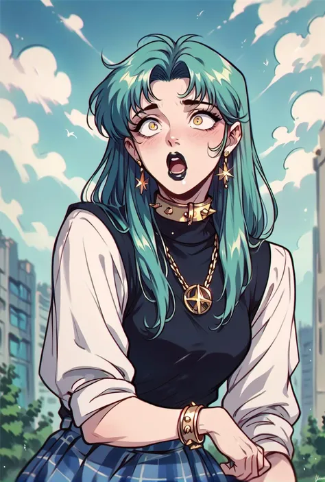 score_9,score_8_up,score_7_up,score_6_up,score_5_up,score_4_up rating_safe, looking up, surprised, gold eyes, turquoise hair, giantess, collar, turtleneck,kilt, black lips, <lora:OldAnimeStyle_XL_v3:0.8> Vintage, 1990s \(style\)