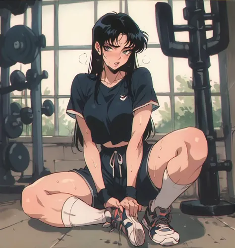 score_9, score_8_up, score_7_up, score_6_up, score_5_up, score_4_up,
BREAK vintage, 1990s \(style\), (source anime) 1female in gym shorts. sweating <lora:OldAnimeStyle_XL_v3:0.73> . in gym