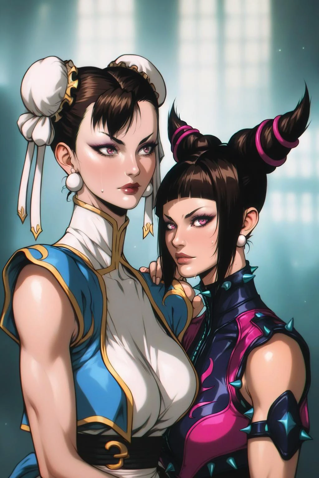 score_9, score_8_up, score_7_up, score_6_up, score_5_up, score_4_up,
BREAK
vintage, 1990s \(style\),
2girls,(han_juri, street_fighter, black_hair, purple_eyes:1.2) sucking (chun-li, double bun, street_fighter, brown_hair, brown_eyes:1.3) nipples, nude, sweaty skin, sweat, amazing details, best quality, Blurred motion, streaks of light, ghosting effect, highly detailed, pretty, fantasy,
(natural skin texture, hyperrealism, soft light, sharp),
<lora:OldAnimeStyle_XL_v3:0.75>