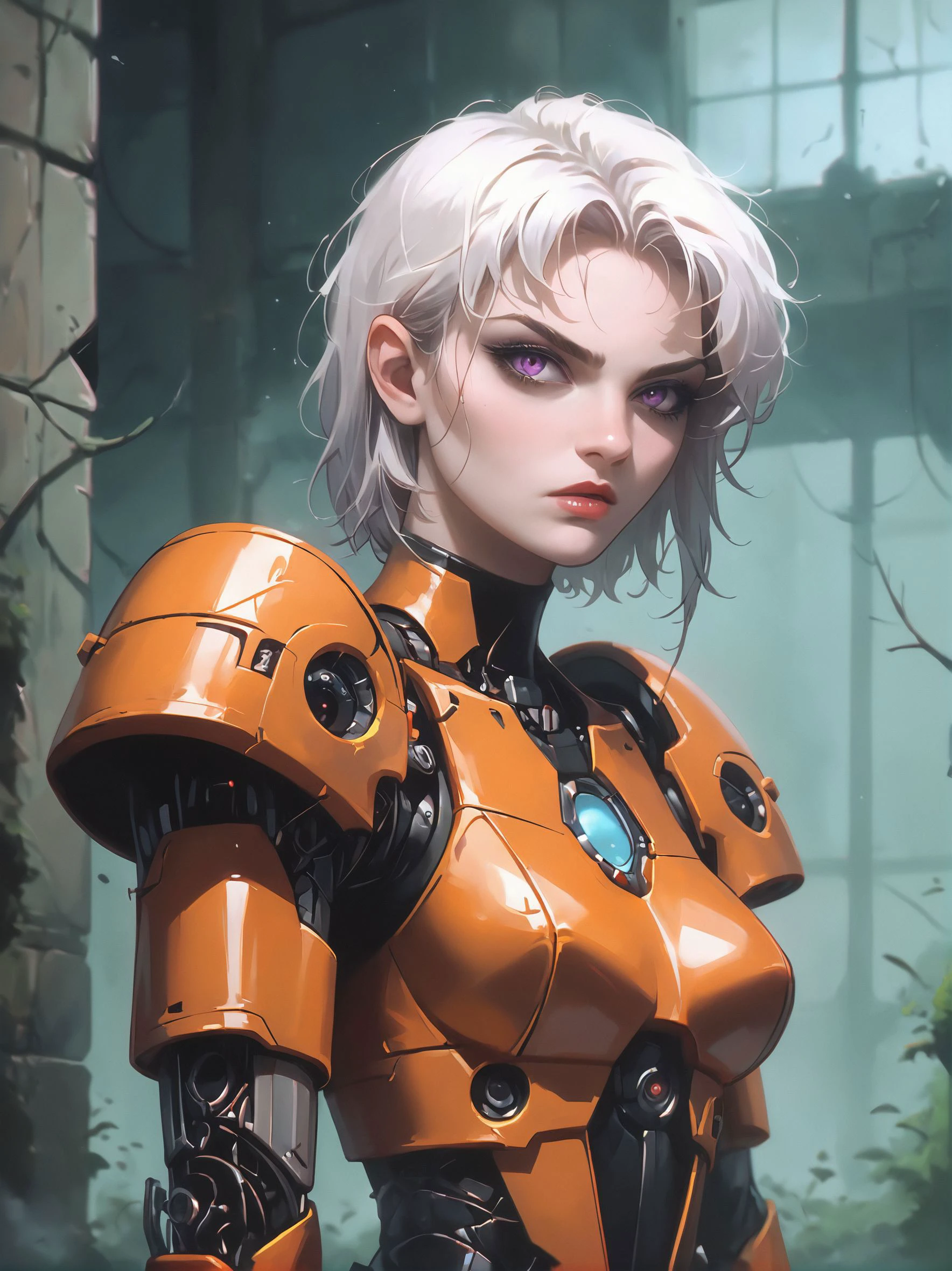 (score_9, score_8, score_9_up, source_anime, content_explicit, high quality, high contrast, realistic,
highest quality, absurdres, (sharp focus:1.2), (1girl:1.2), close-up, low angle, (rust:1.4), after rain, realistic metal texture, desolate:0.3, skintight bodysuit, kevlar, nanomesh, science fiction,
(broken robot:1.3), cracked surface, volumetric lighting, complex machinery, overgrown, lush vegetation, battle suit, mecha, steam, no helmet, young woman, white hair, messy bob, angry, purple eyes,
<lora:OldAnimeStyle_XL_v3:0.8>, vampire hunter D, bloodlust,
