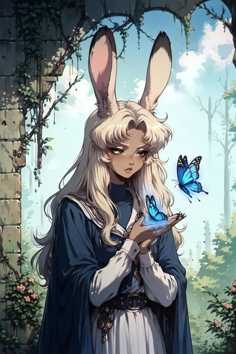 score_9,score_8_up,score_7_up,score_6_up,score_5_up,score_4_up rating_safe, spirit realm, wide shot, butterfly on hand, wary, viera, uniform,, <lora:OldAnimeStyle_XL_v3:0.8> Vintage, 1990s \(style\)