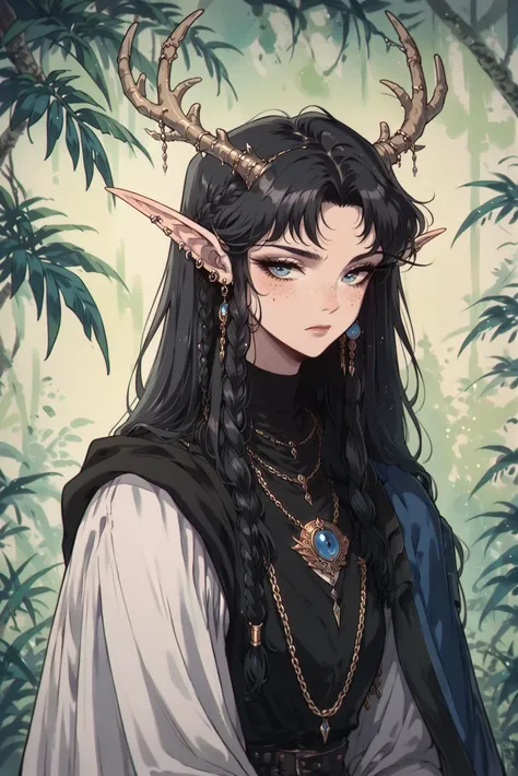 score_9,score_8_up,score_7_up,score_6_up,score_5_up,score_4_up 1girl,solo,long hair,black hair,jewelry,closed mouth,upper body,braid,earrings,pointy ears,necklace,cape,piercing,elf,freckles,antlers, <lora:OldAnimeStyle_XL_v3:0.8> Vintage, 1990s \(style\)