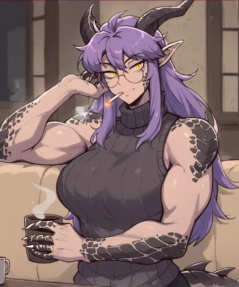 score_8_up, humanoid, dragon girl, dragon horns, (black scales), slit pupils, purple hair, knit sweater, turtleneck sweater, round eyewear, sleeveless, claws, holding cup, indoors, scales on arms, smoking, bare arms, light smile, cigarette, two-tone skin, armpit peek,
<lora:OldAnimeStyle_XL_v3:0.75> (dross:0.75)
