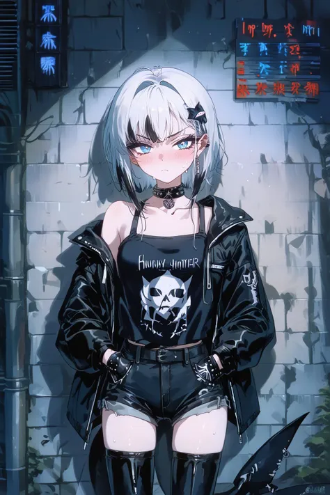 score_9, score_8_up, score_7_up, source_anime, 1girl, (gawr gura:1.1) as a rebellious goth girl, shark tail, standing with (hands in pocket:1.1), leaning against wall, outside the convenience store, (panoramic, very wide shot, atmospheric:1.1), urban scenery,
BREAK
stylish cool girl, standing in the shadow of the massive cityscape, pouting, bored look, slim slender figure, blushing, slight (frown:0.75), medium hair, trendy goth streetwear, lowrise shorts, thighhigh stockings, leather boots, off-shoulder punk jacket, choker,
BREAK
white hair with streaks, bokeh, dreamy background, highly detailed, best quality, sensual, pastel-goth aesthetic, dramatic wind, deep shadows, sweat, shiny skin, hot summer evening, setting sun, hair ornament, 1990s \\(style\\), vintage, mystical fog,
<lora:guraXL:0.6>, <lora:add-detail-xl:0.6>, <lora:CoMix_BGXL:0.6>, <lora:OldAnimeStyle_XL_v3:0.8>