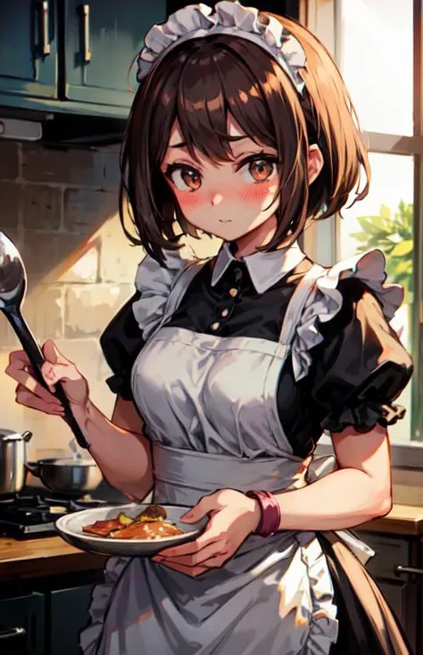masterpiece, best quality, 1girl,  <lora:OchacoUraraka-01:0.7>, brown hair, short hair, blush, maid, kitchen