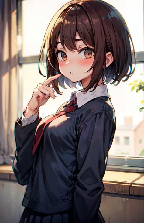 masterpiece, best quality, 1girl, <lora:OchacoUraraka-01:0.7>, brown hair, short hair, school uniform, blush,