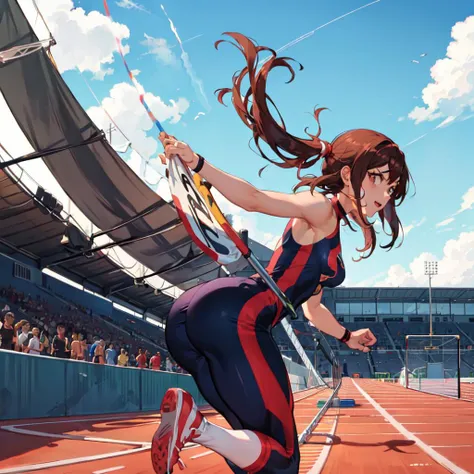 <lora:OchacoUraraka-01>,  Ochaco, Bodysuit, hero suit, (Track&Field, running, running track:1.5), from below, foreshortening